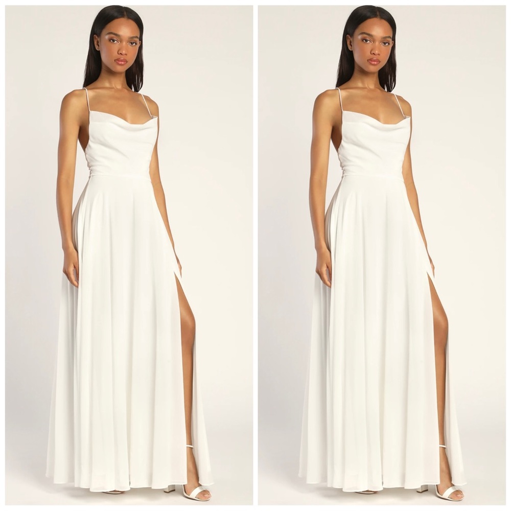 Romantically Speaking White Cowl Lace-Up Maxi Dress